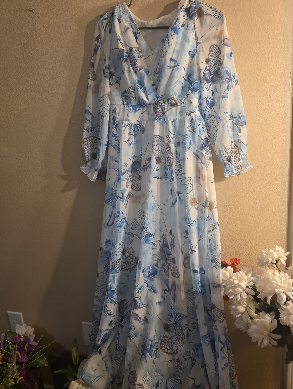 Light Blue Floral Wrap Maxi Dress with Long Sleeves